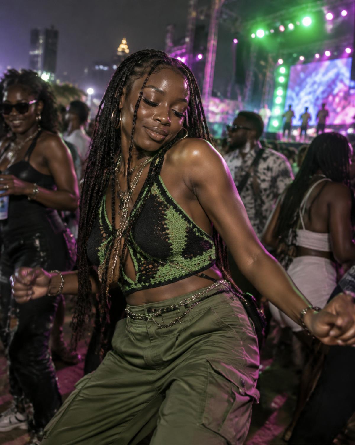 Festival attendee dancing in a fashion-forward look